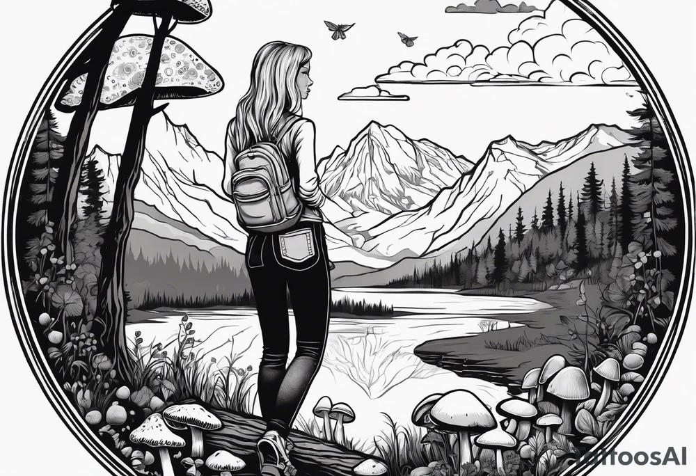 Whole picture encircled fully

Straight long blonde hair hippie girl in distance holding mushrooms in hand facing away toward mountains and creek surrounded by mushrooms long sleeve shirt and hiking pants; whole rendering within a full circle, no cut off circle tattoo idea