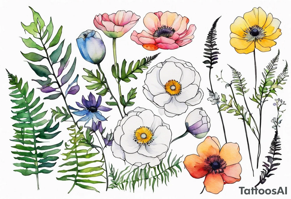Minimalist Multicolored wild flowers with ferns and white anemone all watercolor tattoo idea
