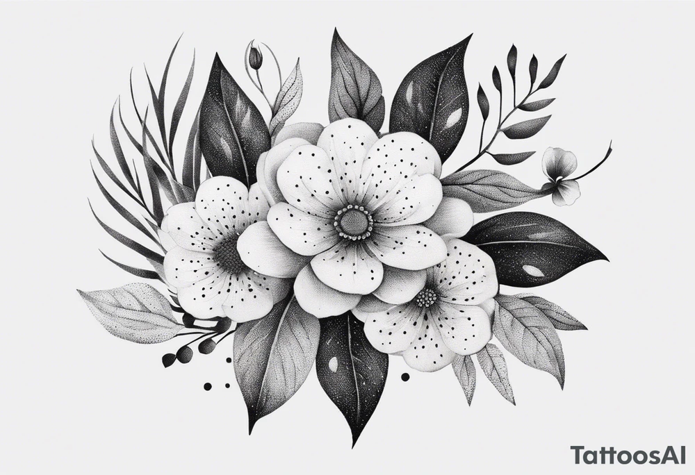 Design a minimalist tattoo featuring a combination of small flowers and leaves, arranged in a graceful, flowing pattern tattoo idea