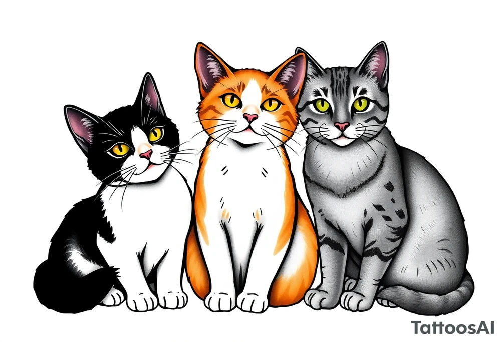 three cats, one black and white cat, one orange and white cat and one grey tabby cat tattoo idea