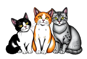 three cats, one black and white cat, one orange and white cat and one grey tabby cat tattoo idea