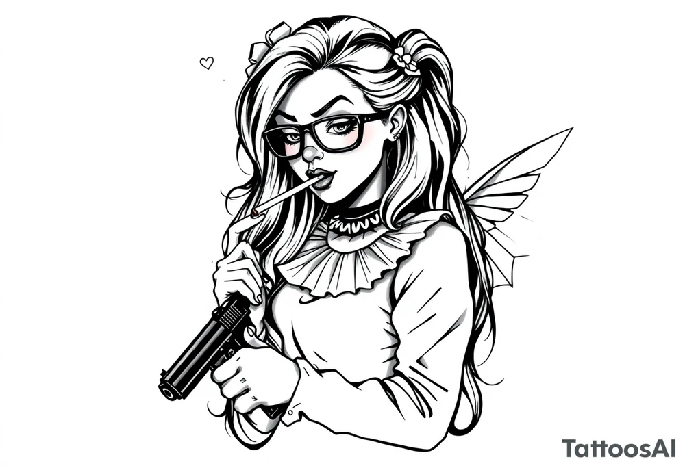 beautiful long hair Clown Girl thug eyeglasses fairy wings smoking a cigarette holding a gun tattoo idea