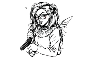 beautiful long hair Clown Girl thug eyeglasses  fairy wings smoking a cigarette holding a gun tattoo idea