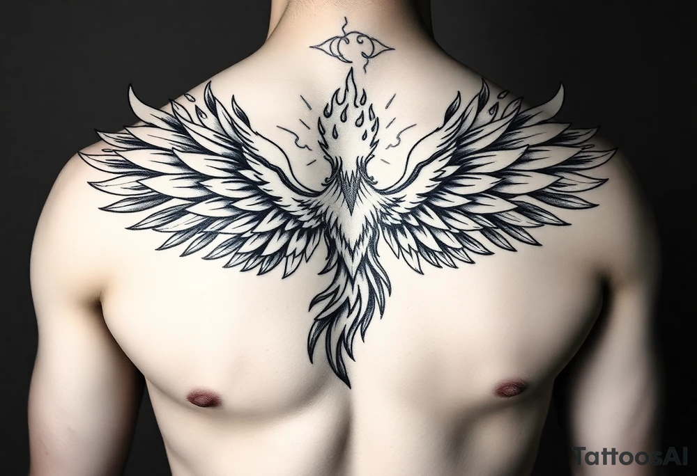 Realistic and symmetrical flaming Phoenix rebirth with spread low wings mapped onto chest
Phoenix  head must be straight and symmetrical 
Fire should be surrounding spread wings
Wings should be spread low only on chest muscle tattoo idea