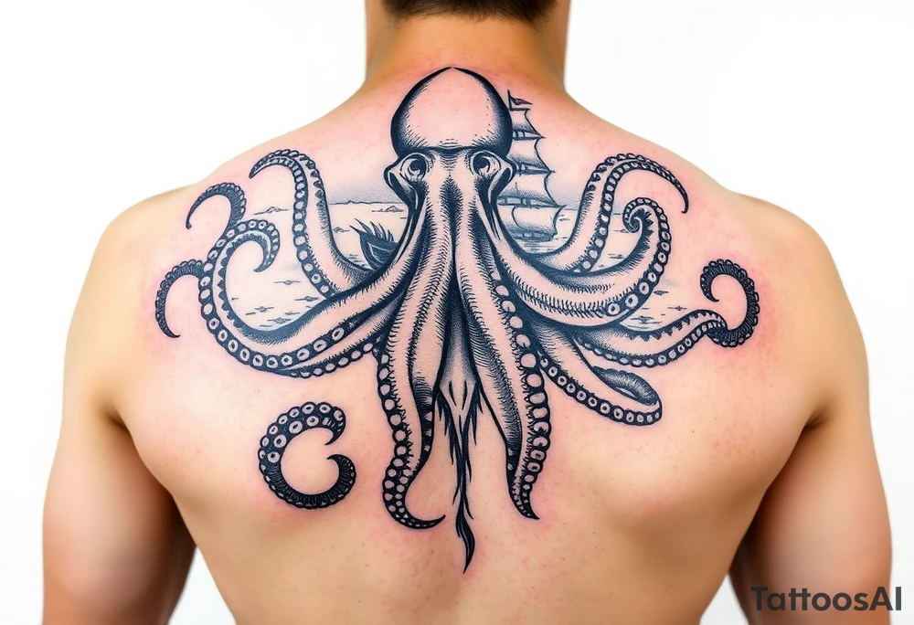 Octopus with ship and sea background tattoo idea