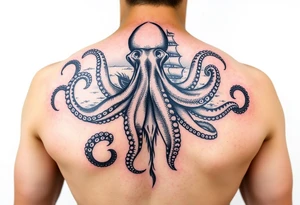Octopus with ship and sea background tattoo idea
