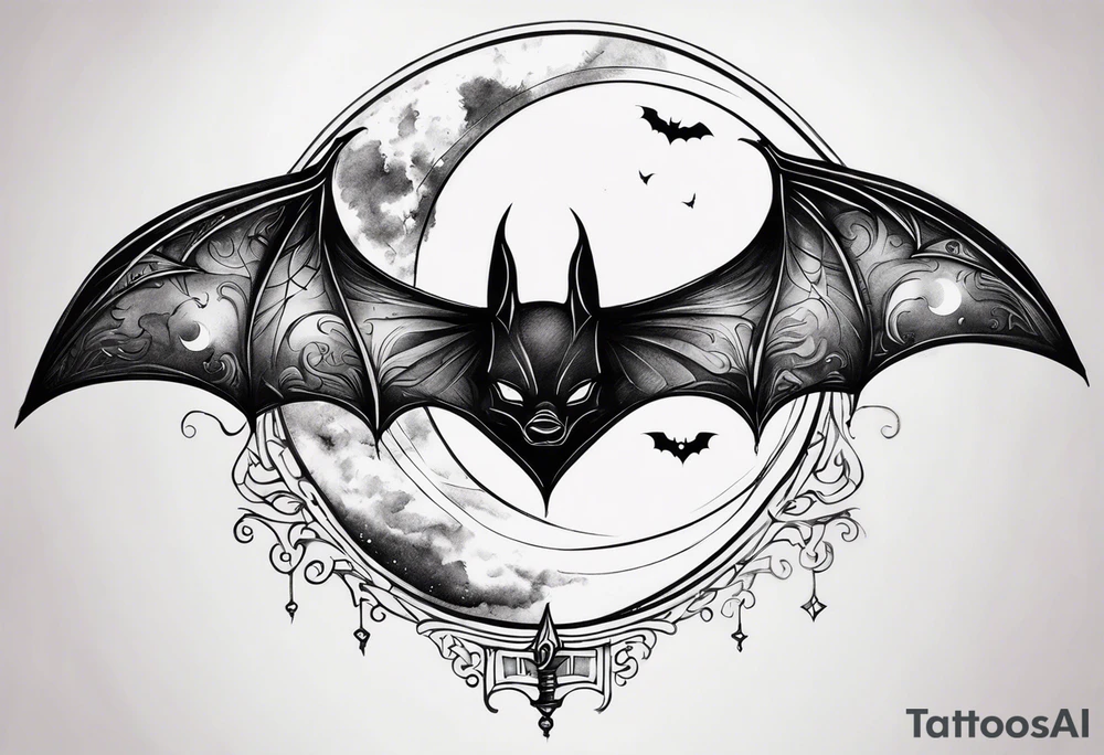 A bat wrapped in smoke with a moon tattoo idea