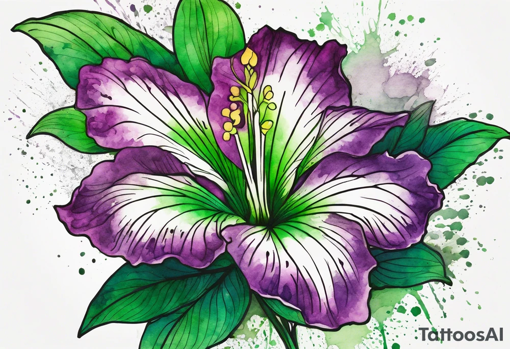 An outline of an only green rio dipladenia flower and a green and purple watercolor splash in the background tattoo idea