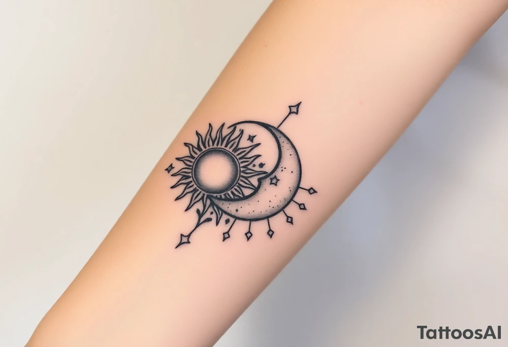 celestial sun and moon embrace with constellation patterns tattoo idea