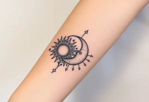 celestial sun and moon embrace with constellation patterns tattoo idea