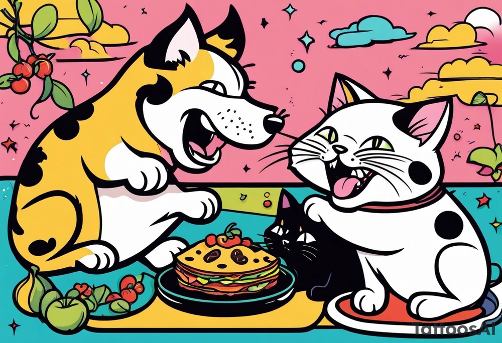 Dog eating  black cat tattoo idea