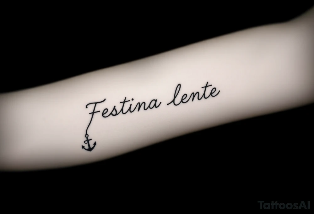 A small, minimal conceptual tattoo for the inner arm.
The phrase “Festina Lente” is not written traditionally; instead, the entire text is formed subtly from a single thin rope.
At the lower end of the rope, a small anchor is attached and appears embedded into the skin, symbolizing patience and stability.
At the opposite end, the rope is being pulled by a very small, minimal, symbolic devil silhouette representing haste.
The rope naturally twists and curves to form the letters of “Festina Lente”, so that at first glance it looks like an abstract rope composition, but upon closer inspection the text becomes readable.
Highly refined, modern calligraphic flow created by the rope itself, elegant and understated.
Black ink only, ultra-fine line work, minimal shading, strong use of negative space, contemporary 2026 tattoo style.
No traditional tattoo elements, no bold outlines, no old-school style, no decorative ornaments.
Clean, intelligent, subtle storytelling tattoo suitable for a small inner-arm placement. tattoo idea