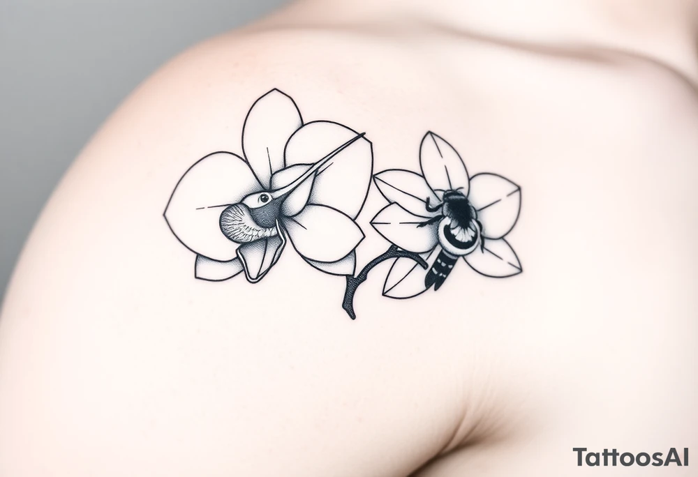A delicate, black and white fine-line tattoo for male, featuring gracefully detailed 2 orchids in full bloom including their stems, with soft, intricate petals and elegant curves. Beside it, a hummingbird hovers mid-flight, its wings drawn with subtle motion lines, its slender beak reaching toward the orchid’s center to drink its nectar. on the other flower there is a bee that is resting tattoo idea