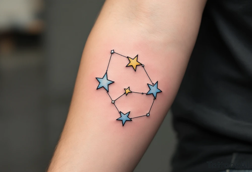A constellation of three stars in pale blue, gold, and white, connected by a thin silver line. tattoo idea