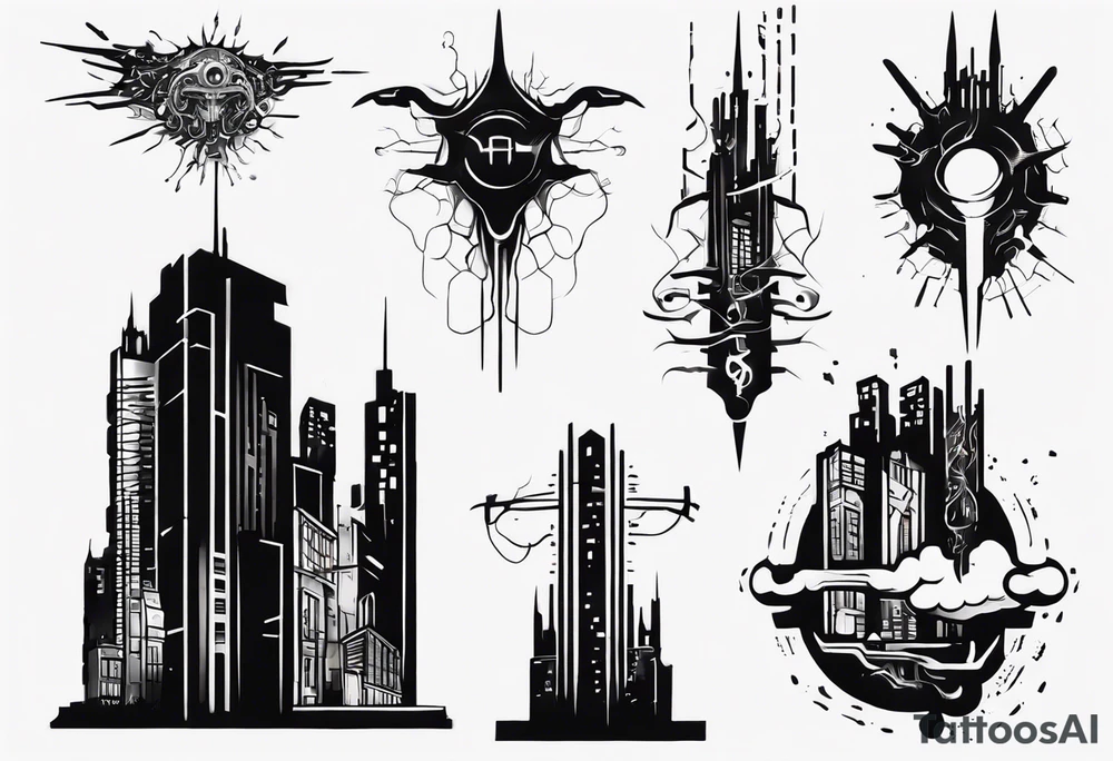 minimalist cyberpunk upper arm design from the shoulder that depicts heaven and hell as a city scape 
with neuron projecting downwards. tattoo idea