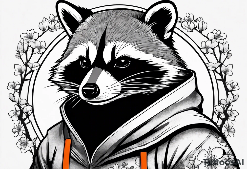 raccoon wearing a black and white Superman hoodie and orange Japanese cherry blossoms tattoo idea