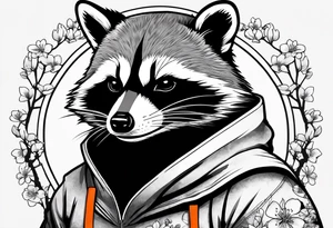 raccoon wearing a black and white Superman hoodie and orange Japanese cherry blossoms tattoo idea