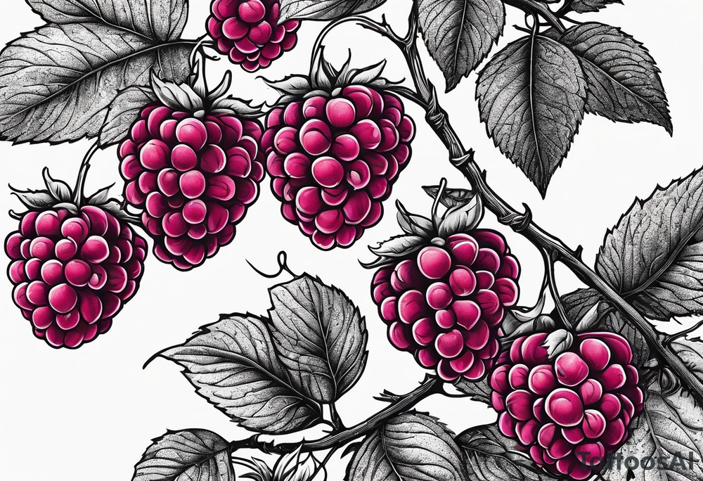 a long raspberry branch that focuses on line work. Includes a small signature in the branches that says "Popkin" tattoo idea