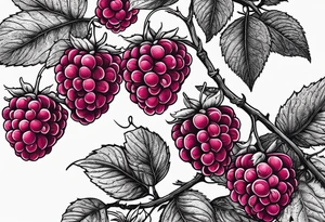 a long raspberry branch that focuses on line work. Includes a small signature in the branches that says "Popkin" tattoo idea