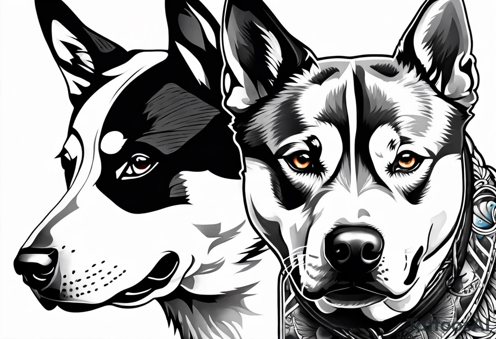 husky and pitbull facing backwards tattoo idea