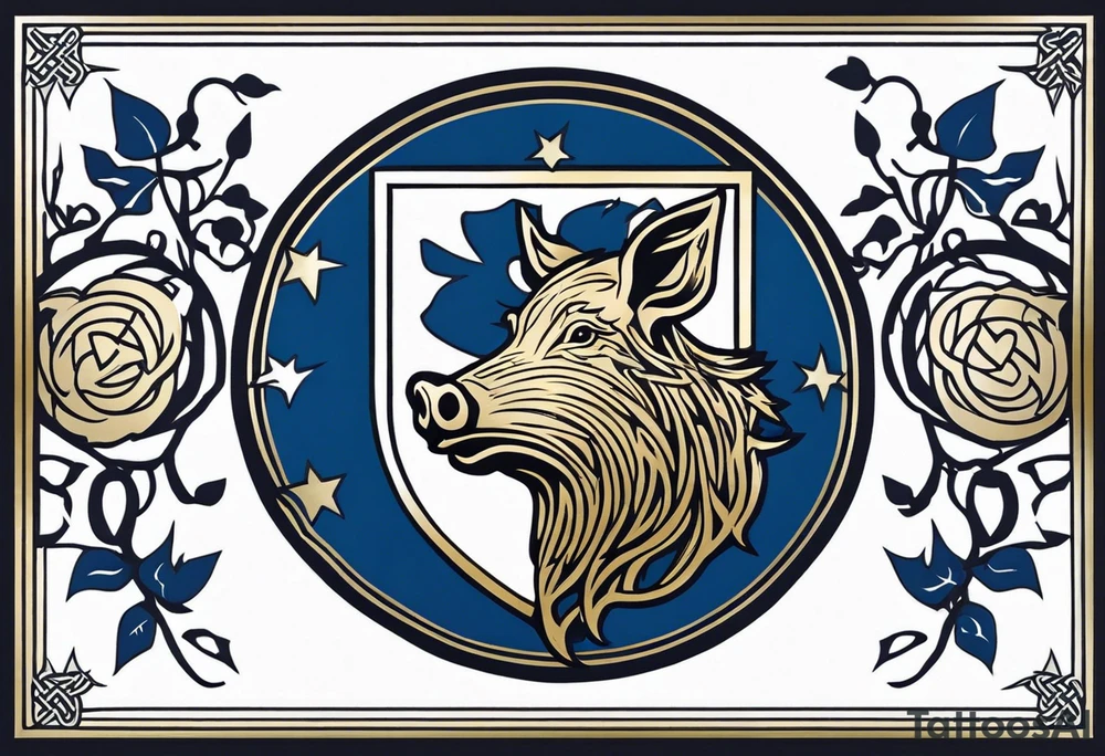 Side profile, Celtic, tribal, wild boar, On a Chatwin family crest with blue background, two gold stars, and a gold Chevron, and a Thistle tattoo idea