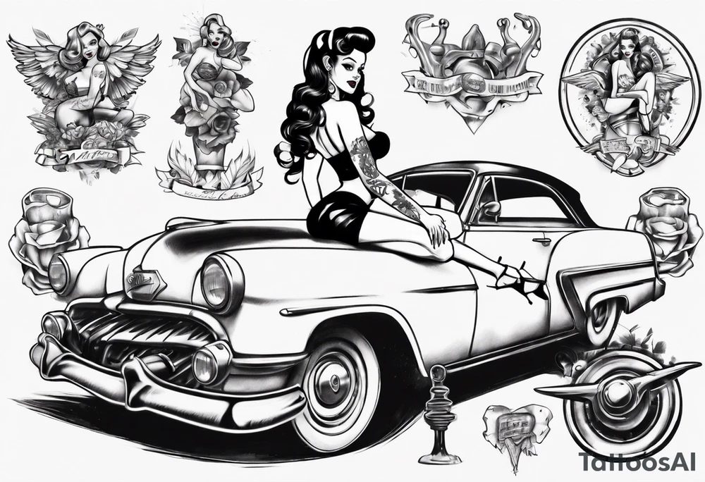 Topless pinup doll sitting on the hood of an old car tattoo idea