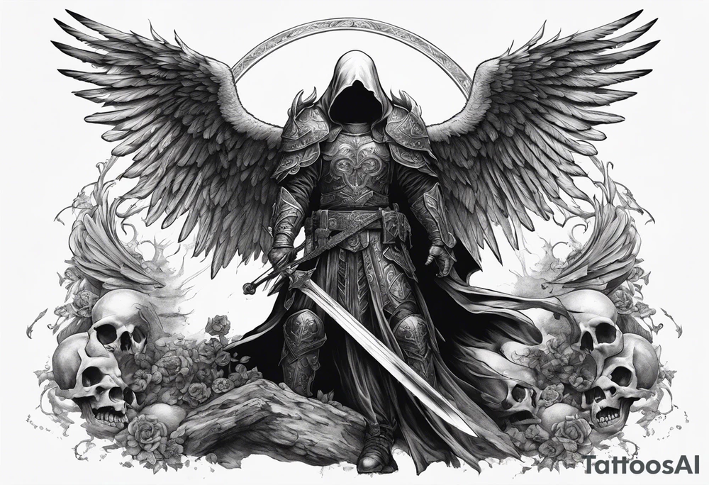 realistic angel of death, man, full body, no face visible, holding one sword in both hands, sword pointing downwards, skulls lying on the ground tattoo idea