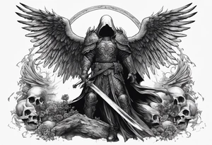 realistic angel of death, man, full body, no face visible, holding one sword in both hands, sword pointing downwards, skulls lying on the ground tattoo idea