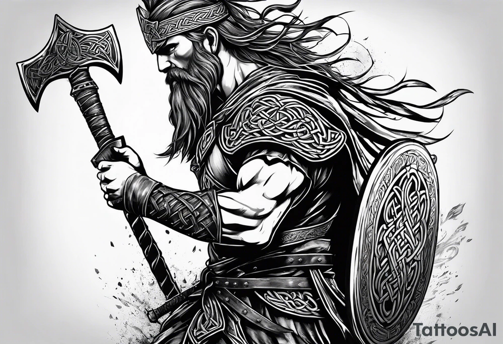 Full body side profile of
Celtic warrior with an axe in one hand and a sword in the other walking into battle tattoo idea