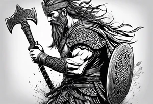 Full body side profile of
Celtic warrior with an axe in one hand and a sword in the other walking into battle tattoo idea