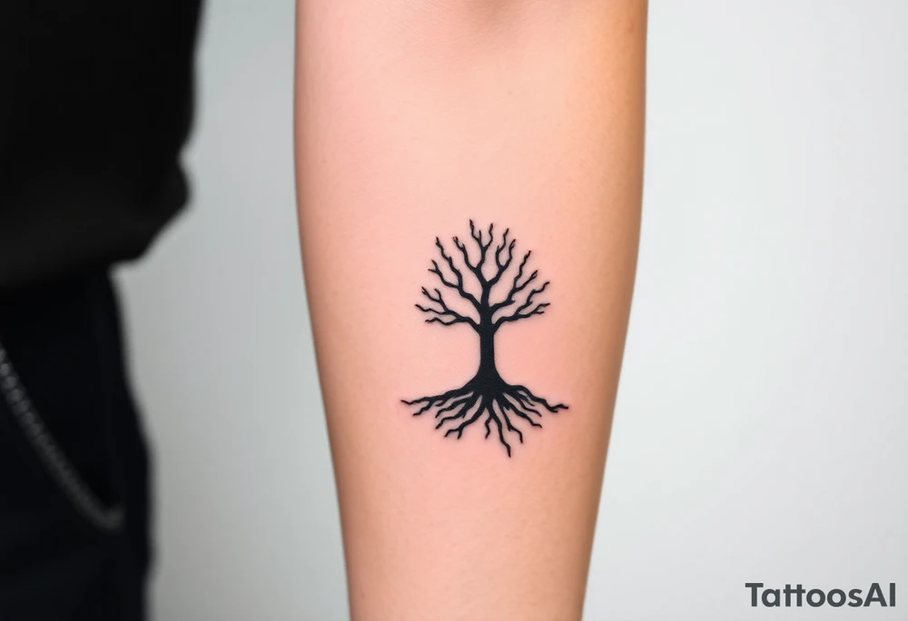 Design a tattoo symbolizing personal rebirth and freedom. or tree emerging from darkness, representing overcoming addiction, self-love, and inner strength. Include meditation elements. Style: minimalistic, meaningful, with clean lines and hope-driven symbolism. tattoo idea
