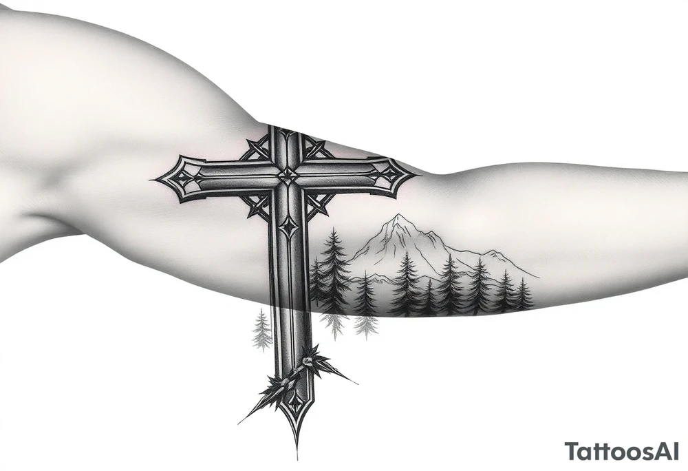russian christian orthodox cross with the diagonal line at the bottom with a light forrest with a light mountainous setting tattoo idea