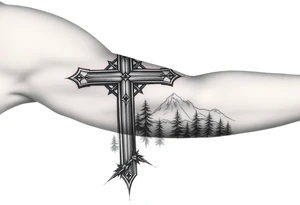 russian christian orthodox cross with the diagonal line at the bottom with a light forrest with a light mountainous setting tattoo idea