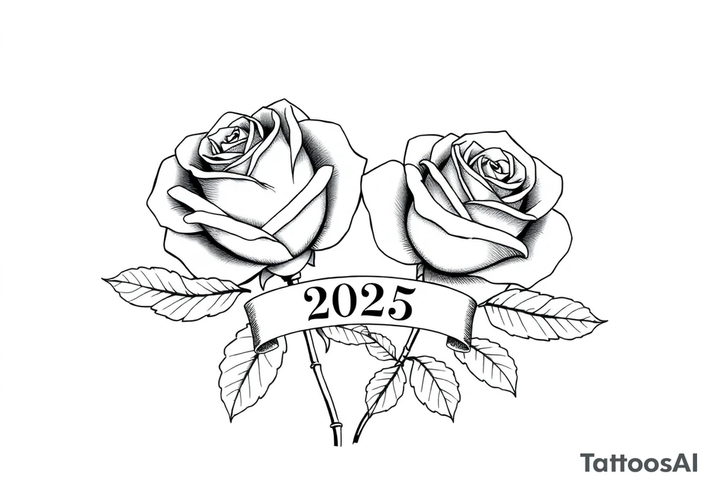 two beautiful large rose buds, one larger than the other, with lots and lots of leaves next to the rose buds, with one sitting slightly higher than the other, side-by-side.  Include a banner connecting the two roses with the year 2025 on it.   Use dark outlines with little shading. No stems tattoo idea
