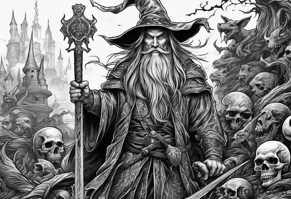 Wizard
with long sword on a pile of dead demons tattoo idea