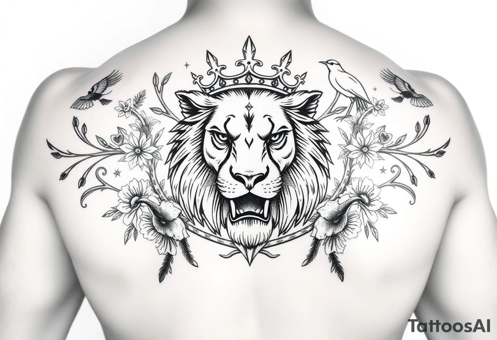 powerful majestic lion with a crown, surrounded by thorns  and floral ornaments and birds tattoo idea