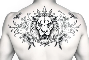 powerful majestic lion with a crown, surrounded by thorns  and floral ornaments and birds tattoo idea