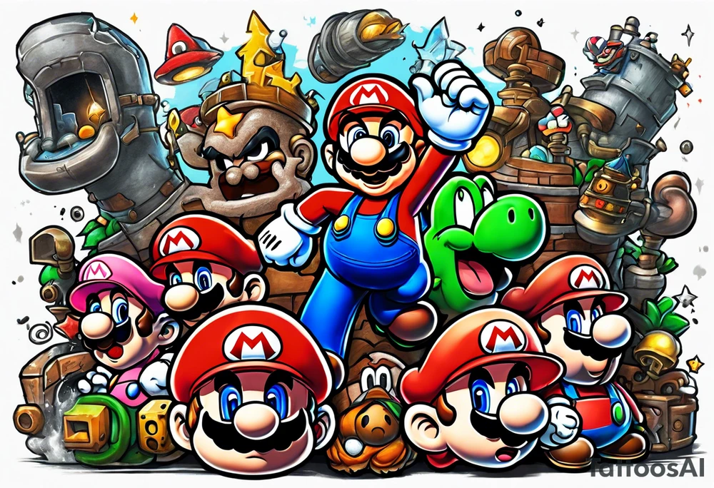 Mario ghosts and goombas with canons tattoo idea