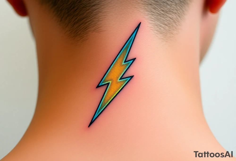 A bold, electrifying lightning bolt tattoo, designed with sharp, angular edges and a dynamic, jagged shape. The bolt glows with an intense neon yellow core, fading into electric blue at the edges, creating a powerful energy effect. tattoo idea