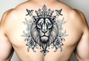 powerful majestic lion with a crown, surrounded by floral ornaments and birds tattoo idea