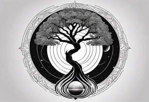 very masculine tattoo about creation including atlas carrying world, vitruvian man, touch of god and tree of life and fibonacci spiral for forearm tattoo idea