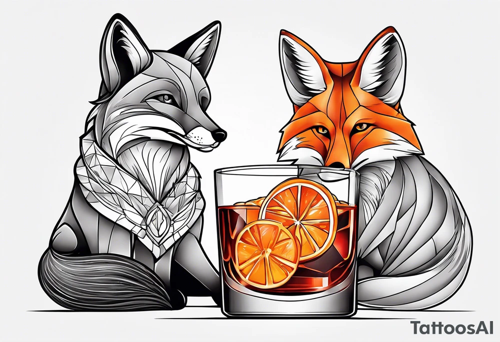 Adult male fox with Negroni in short lowball cocktail glass with ice and orange peel with disco background tattoo idea