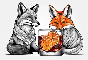 Adult male fox with Negroni in short lowball cocktail glass with ice and orange peel with disco background tattoo idea