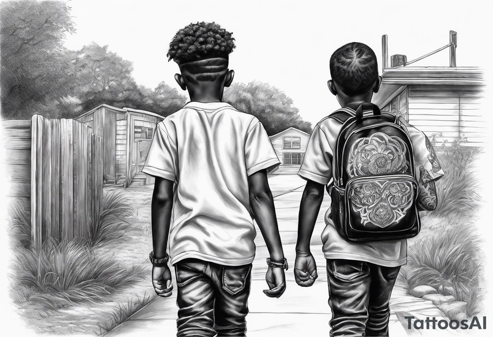3 black school age brothers walking away together  you can see their full bodies and one is looking to the side showing the side of his face tattoo idea