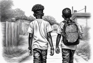3 black school age brothers walking away together  you can see their full bodies and one is looking to the side showing the side of his face tattoo idea