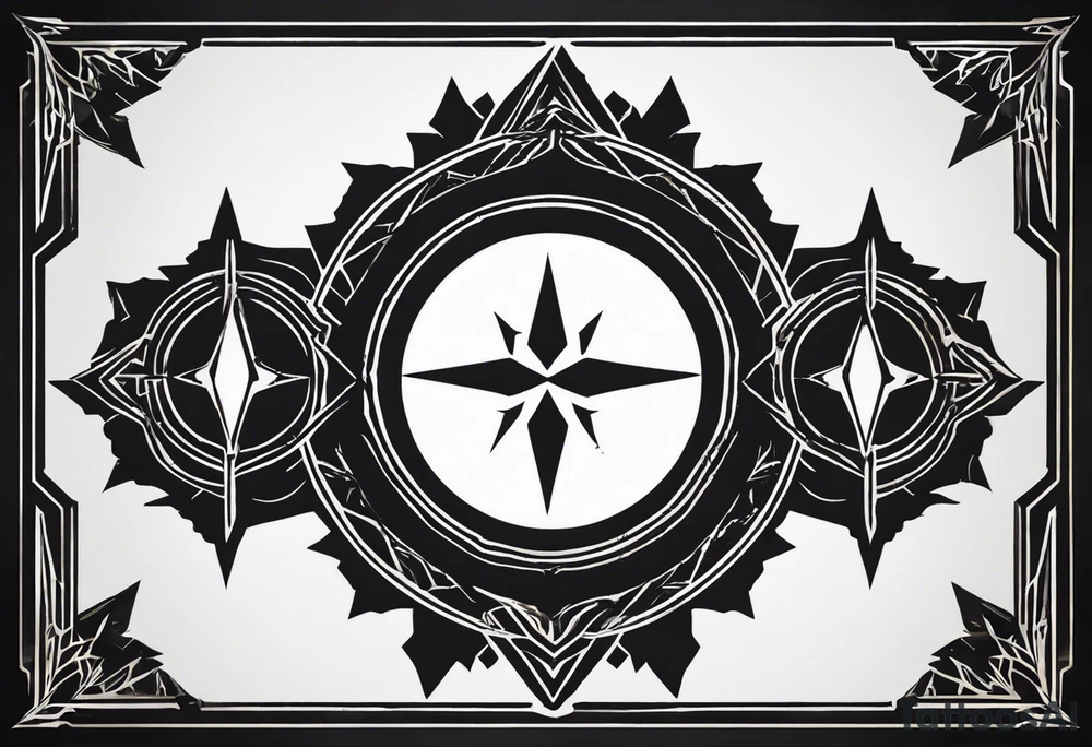 Central Element (Inspired by Dragon Age: Inquisition): A geometric, sharp-edged sigil with elements of symmetry. This can resemble a radiant, angular mark with organic, flame-like or lightning-style details emerging from the center. It will symbolize power and leadership, inspired by the Inquisitor's Mark.

Top Element (Inspired by the Triforce): Instead of the classic three triangles, we can use a pattern of interlocking triangles or diamond shapes, with a glowing effect or radiant lines around them to represent wisdom, power, and courage. The pattern can hover above the central sigil, almost like a sacred emblem.

Side Elements (Inspired by the UNSC Wings from Halo): Sleek, abstract wings or feathers will extend outward from the sides of the central sigil, flowing elegantly. These can be sharp and modern, with a mechanical, futuristic look to symbolize the strength and unity of the UNSC.

Design Flow: The energy radiating from the top symbol (the interlocking triangles) connects to the central sigil, blending the elements together. The wings on the sides give it an expansive, balanced appearance, tying the futuristic with the mythic. tattoo idea