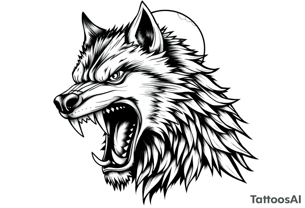 Fierce werewolf snarling, sharp teeth, moon cresting over shoulder. tattoo idea