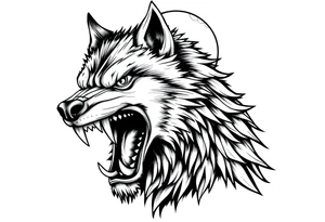 Fierce werewolf snarling, sharp teeth, moon cresting over shoulder. tattoo idea