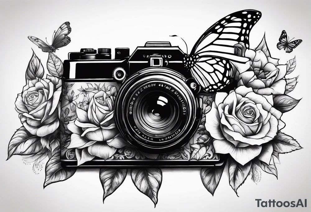 Book, sunflower, camera, butterfly, flower rose tattoo idea Book, sunflower, camera, butterfly, flower rose tattoo idea