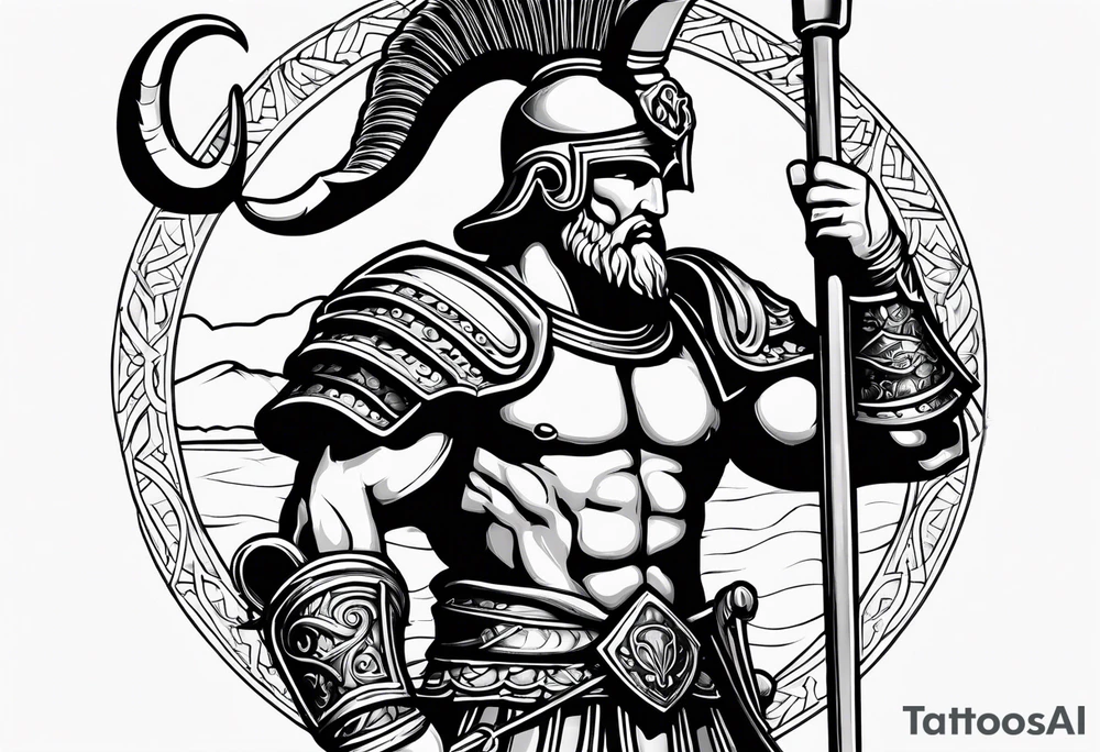 Roman soldier, ram's horns, fishing rod, floorball ball tattoo idea